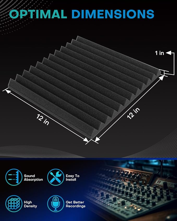 24 Pack Sound Proof Foam Panels with Self Adhesive, 12x12x1 Fire Resistant Acoustic Foam Panels, High Density Acoustic Panels Sound Absorbing, Studio Noise Cancelling Black Grey