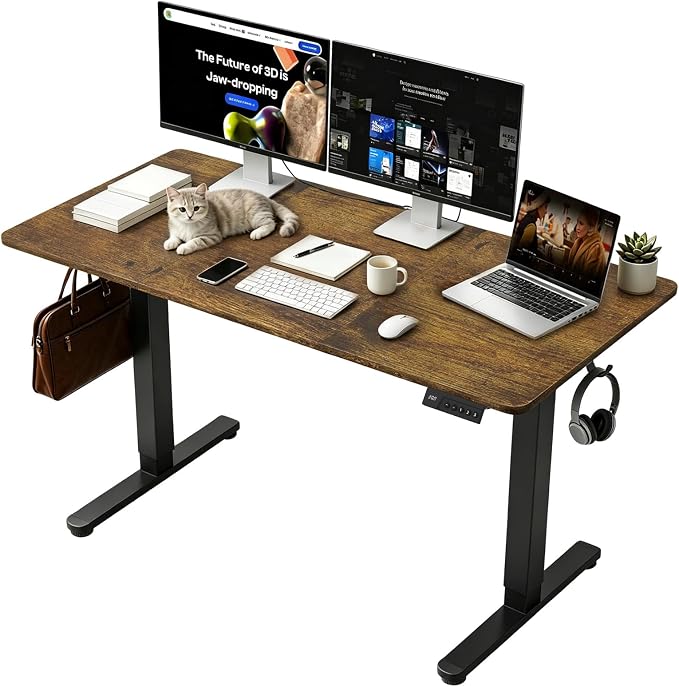 Electric Standing Desk, 55x24 Inches Sit Stand up Desk with 3 Memory Presets & Child Lock, Silent Motor, Heavy Steel Frame, Dual Hooks & Leveling Feet, for PC Workstation, Dark Walnut