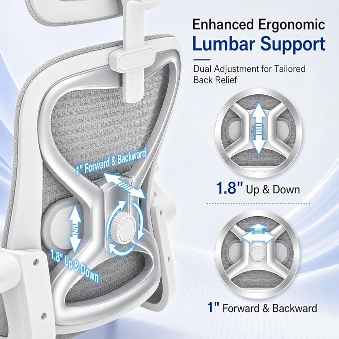 Ergonomic Office Chair for Long Hours – Back & Neck Pain Relief, Virgin Foam Seat, 3D Adjustable Headrest, 2D Lumbar, Flip-Up Arms, Gray/Sliver