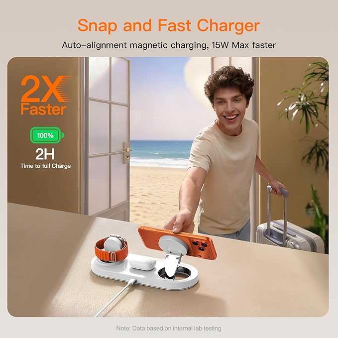 15W Magnetic 3 in 1 Wireless Charging Station,No Blue Light Disturbing Sleep,for iPhone17-12, Fast 5W Charger for Apple Watch AirPods,Foldable Stand, MagSafe Charger Dock for Nightstand Desk Travel