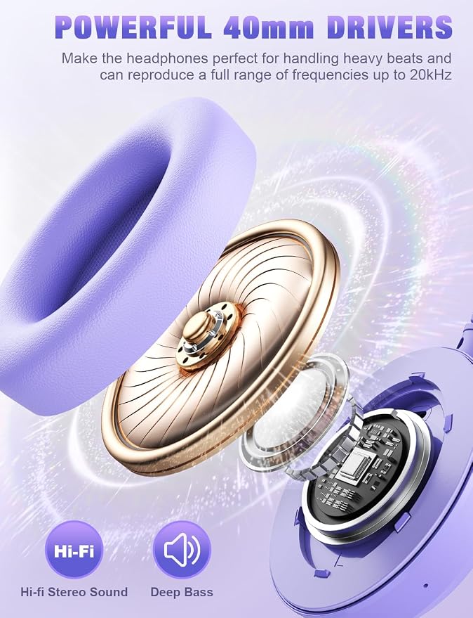 RUNOLIM Hybrid Active Noise Cancelling Headphones, Wireless Over Ear Bluetooth Headphones with Microphone, 100H Playtime, Foldable Headphone with HiFi Audio, Deep Bass for Home Travel Office（Purple）
