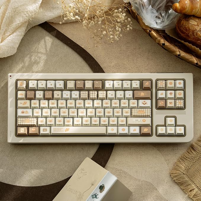 PBT Keycaps, Cute Bread Keycaps Set, 136 Keys Cherry Profile Keyboard Caps, Custom Dye-Sublimation Key Cap for 61/64/68/84/87/100/104/108 Cherry MX Mechanical Keyboards (Bread)