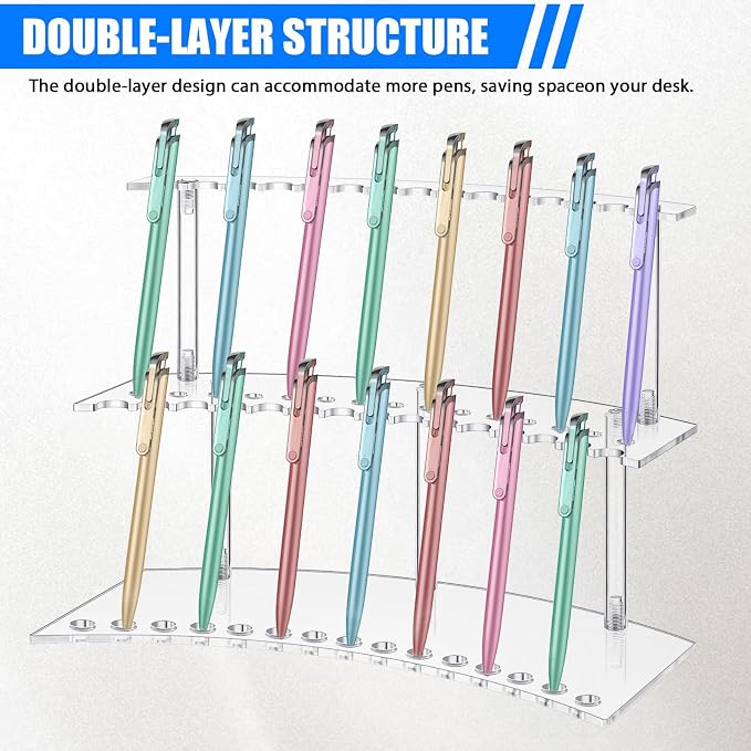 Zourane Acrylic Pen Display Stand, 2-Tier 30 Slot 1.3cm Wide Pen Holder Organizer for Fountain Pens, Makeup Brushes, Art Supplies | for Office, Home, Classroom, Craft Fairs
