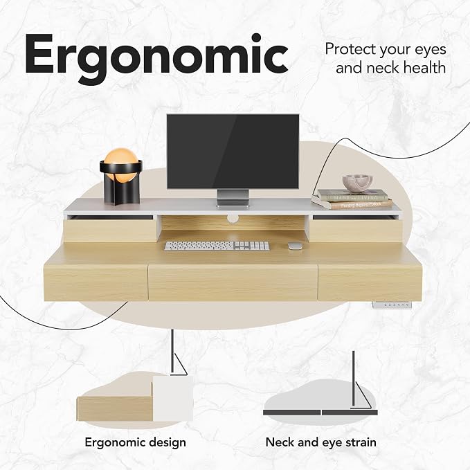 HUANUO Standing Desk with Drawers, 48 Inches Electric Height Adjustable Desk with Storage, Whole-Piece Board Sit Stand Up Desk with Monitor Shelf, Light Walnut