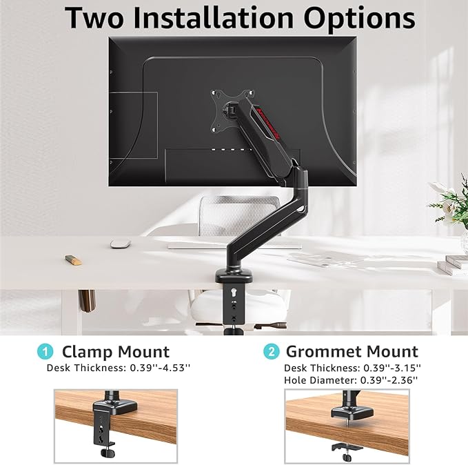 Redragon GMK914 Single Monitor Mount Stand - Gas Spring Adjustable Arms with VESA 75/100mm, 13-32 Inch Screen Compatibility, C Clamp & Grommet Base, Cable Management, 17.6lbs Load Capacity