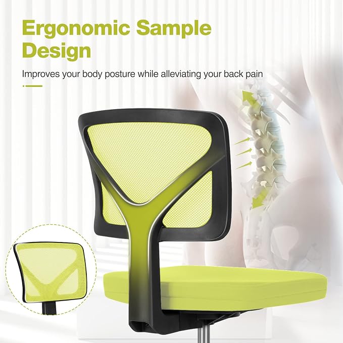Sweetcrispy Small Office Chair, Ergonomic Low-Back Mesh Rolling Work Swivel Desk Chairs with Wheels, Armless Comfortable Seat Lumbar Support for Home, Bedroom, Study, Student, Adults, Green