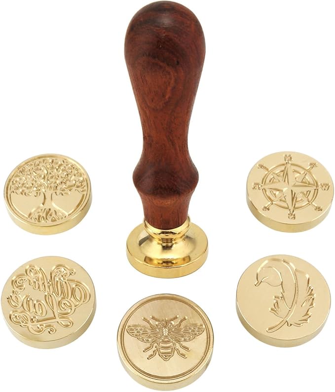Yoption 6 Pcs Wax Seal Stamp Set, Vintage Tree of Life Bee Heart Compass Feather with Love Sealing Wax Stamps Kit, Wooden Handle with Brass Head for Wedding Invitation Cards Christmas Gift
