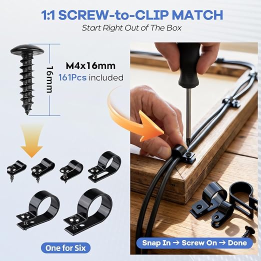 JORREP 322PCS R-Type Cable Clips, 3/16 to 1 in, 6 Sizes for Wire Management | PA66 Nylon, 3/16" 1/4" 3/8" 1/2" 3/4" 1", With screws, For office, garage, yard and auto wire setup, Easy to install