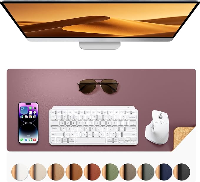 Aothia Dual-Sided Desk Mat, FSC Cork & PU Leather Desk Pad, Large Mouse Pad & Writing Surface for Compact Workspace, Non-Slip Waterproof Desk Protector - 25.6" x 13.7", Pale Mauve