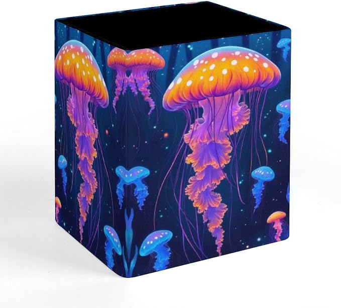 Jellyfish Print Leather Square Pen Holder Modern Desk Decor Home Organizer For Make Up Brushes Supplies Office Stationery Storage