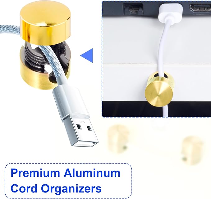 SmallCat 4 Sets Charger Holders for Cords, Gold Color Adjustable Cable Anchor Holders, Adhesive Metal Cord Clips, Cable Management Wire Organizers for Desk, Office, Nightstand