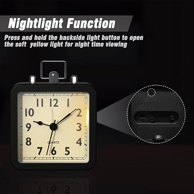 AYRELY® Small Metal Alarm Clock, Desk and Table Clock for Travel | Battery Operated Retro Silent Clock with Light for Bedroom, Bedside, Shelf and Living Room Decor (Matte Black)