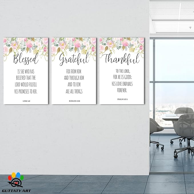 3 Piece Inspirational Canvas Wall Art, Jesus Scripture Wall Art for Religious Wall Decor, Motivational Quotes Flowers Print Picture, Bible Poster Framed Artwork for Christian Office Decor 20”x30”x3Pcs