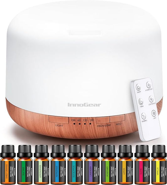InnoGear Aromatherapy Diffuser & 10 Essential Oils Set, 500ml Essential Oil Diffuser with Remote Control Ultrasonic Cool Mist Scent Humidifier Vaporizer Auto-Off Timer for Room Office Home, Yellow