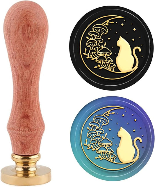 PH PandaHall Cat Wax Seal Stamp Kit Cat Mushroom Moon Wax Sealing Stamp 30mm Retro Removable Brass Head Stamp with Wooden Handle for Wedding Envelopes Invitation Card Wine Package Gift Decoration