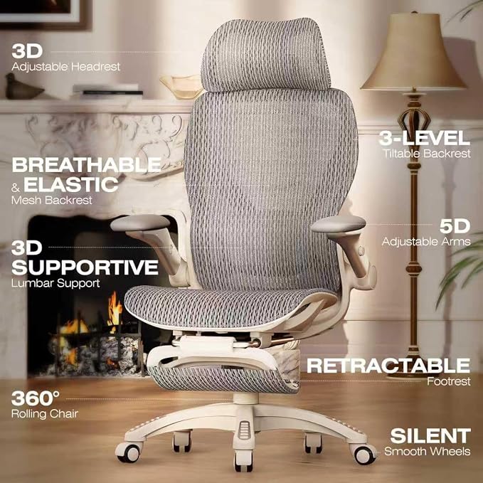 ELABEST X100 Ergonomic Mesh Office Chair with Footrest, Big and Tall Home Desk Chair with 5D Flip-Up Arms, Adjustable 3D Lumbar Support, Gaming & Executive Computer Chair, First Light