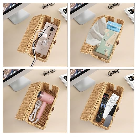 2 Pcs Rattan Cable Management Box, Large Cord Organizer Box with Lid Under Desk Router Hider with 4 Exits, Wire Boxes Hider for TV Wires Computer Surge Protector USB Hub Power Strip(Natural)