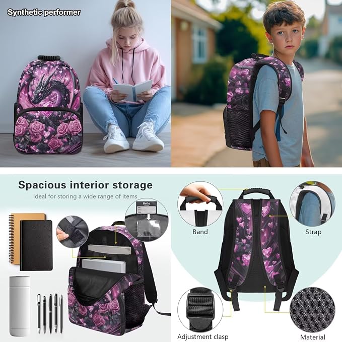 Dragon Heart Backpack for Girls 7-10, 4PCS School Backpack Set with Lunch Box & Pencil Case, Pink Rose 17 Inch Book Bag for Elementary Back to School
