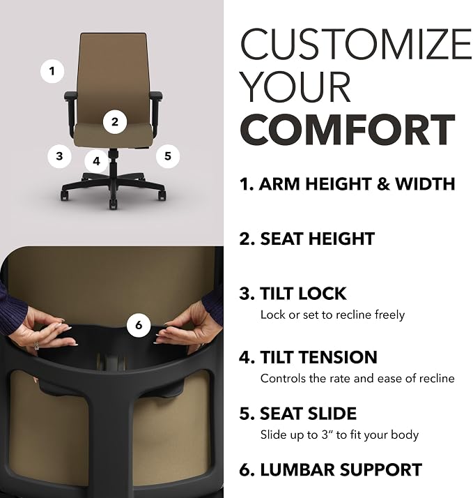 HON Ignition 2.0 Mid‑Back Ergonomic Office Chair, Mesh Task Desk Chair with Lumbar Support, Standard Synchro‑Tilt, Height and Width Adjustable Arms, Black Frame, Quicksand
