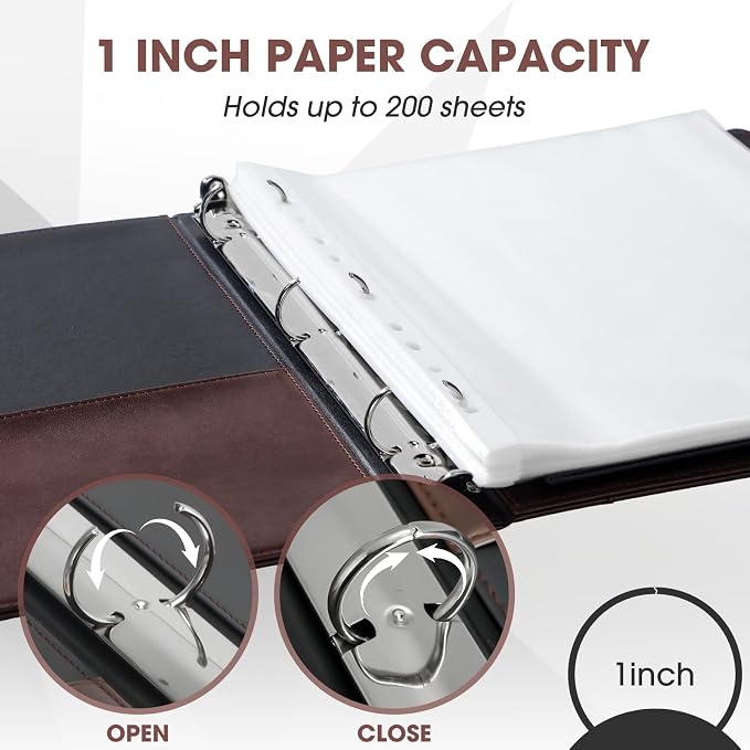 Yexiya 4 Pcs Vintage Hardback 3 Ring Binder Planner Portfolio Leather Round Ring Binder Organizer Holds 200 Sheets with 2 Inner Pockets, 13 x 10 Inch(1 Inch,Black, Brown)