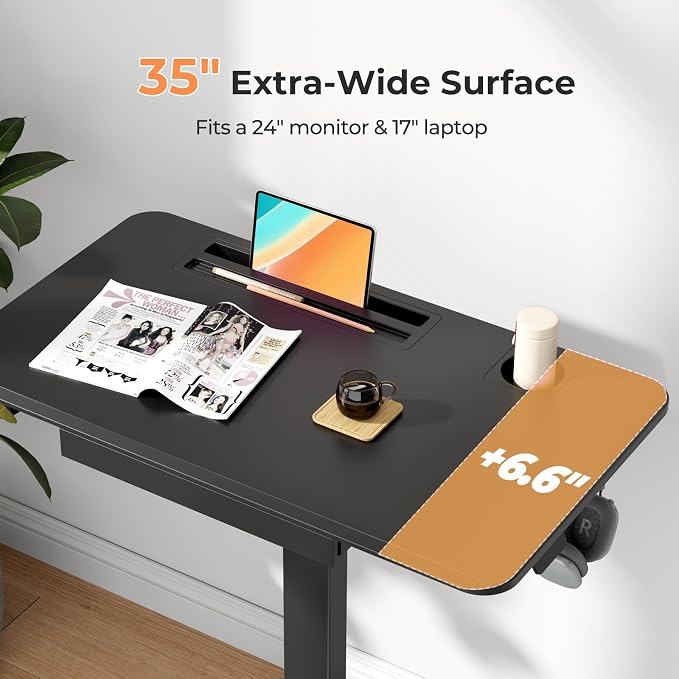 Mobile Standing Desk with Drawer, 35"×20" Small Desk, Black | Portable Laptop Workstation with Cup Holder and Hooks, Height Adjustable Rolling Desk with Wheels, Teacher Classroom Use