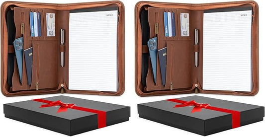 Forevermore Portfolios Padfolio Binder - Professional Faux Leather Travel Organizer Pouch for Tablet, Documents, Presentation Folders, Zipper Closure, Notepad - Brown (Pack of 2)