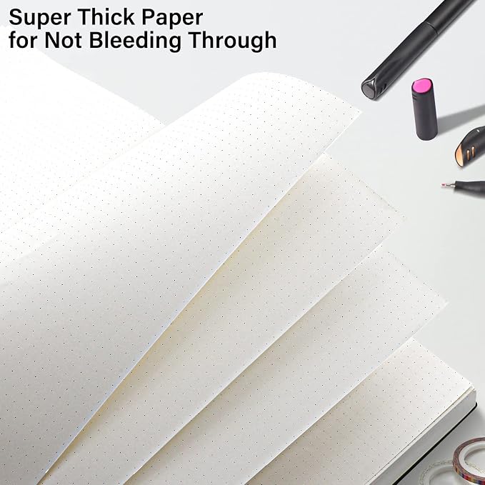 Notebook Journal, Dotted Journal, 8.5" x 11", 400 Pages Dot Grid Notebook, No Bleed Thick Paper, Leather Journal for Bullet Journaling, Work, School, Notes, 125pcs Sticky Tabs, Inner Pocket, Black