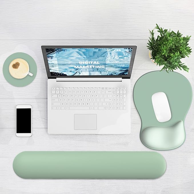 Ergonomic Mouse Pad with Wrist Rest and Keyboard Wrist Rest, Gel Mousepad and Wrist Rest for Computer Keyboard, Pain Relief, Non-Slip PU Base, Mouse Pad with Wrist Support for Gaming, Office, Green