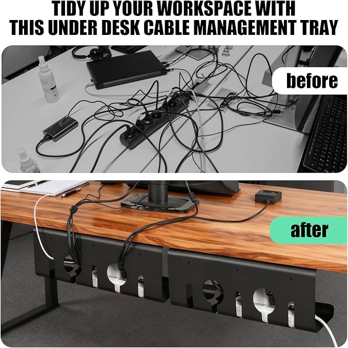 Large Metal Under Desk Cable Management Tray, 16.5"L x 4.7"W x 6.8"H, 2 Pack Under Desk Cable Tray, Wire Organizer for Power Strip, Tape Mount or Screw Mount, Easy Install Cord Raceway for Desk & Home