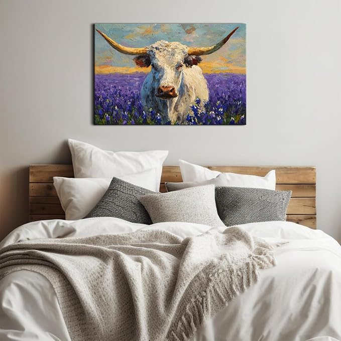 Colorful Animal Wall Art Longhorn Cattle Wall Decor for Living Room Vintage Lavender Fields Painting Poster Retro Farmhouse Country Wildlife Canvas Pictures Artwork Bedroom Office Decorations 24x36"