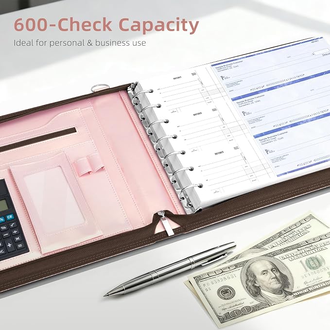 Ospelelf Rose Gold Zippered 7 Ring Check Binder for Business Checks (9" x 13"), 1 Inch Faux Leather Checkbook Portfolio with Zipper Pouch, Professional Binder Organizer for Accountants, Home Use