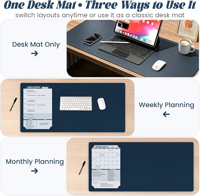Large Dry Erase Desk Mat with Weekly & Monthly Dry Erase Planners | Reversible Dual-Texture Desk Pad with Interchangeable Planning Pages,Faux Leather Desk Mat for Office-16"x34"