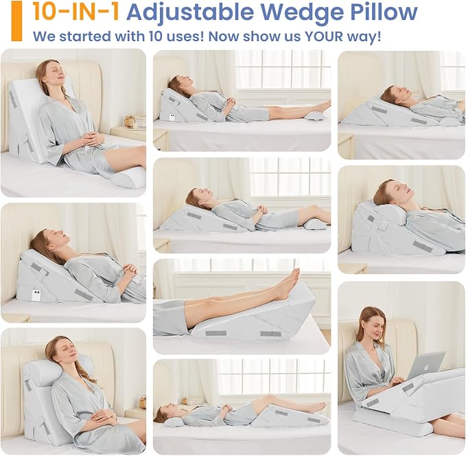 Sasttie Adjustable Wedge Pillow Set for After Surgery, White | 2PCS Bed Wedge Pillow Headboard with Memory Foam Neck Cushion, for Acid Reflux, Sleeping, Neck & Back Support