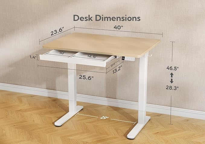 Claiks Standing Desk with Drawer 40 Inch Electric Height Adjustable Natural | Sturdy steel frame supports 176 lbs, 28.35-46.46 inch height range, 45 dB quiet motor, 2 hooks