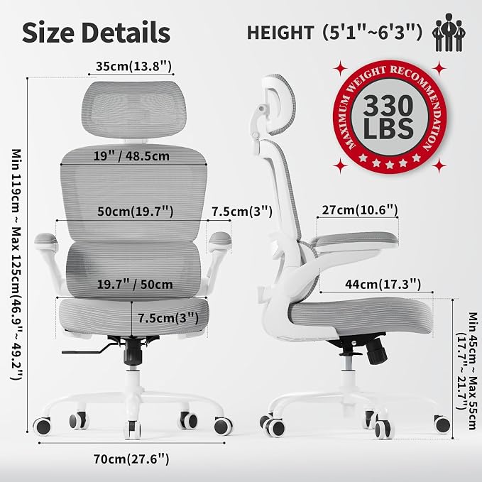 TRALT Office Chair Ergonomic Desk Chair, 330 LBS Home Mesh Office Desk Chairs with Wheels, Comfortable Gaming Chairs (1, Grey PU)