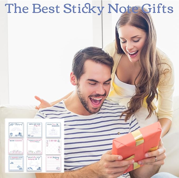 Mahjong Sticky Notes Gifts - 9 Pack Mah Jong Notepads 3x3 Inch Gifts for Mahjong Lovers, Mah Jong Blue and White Porcelain Memo Pads Office School Supplies for Friends Coworkers (450 Sheets)