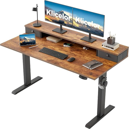 Klicelor 55 x24 Inch Electric Standing Desk with Drawers, Adjustable Height Small Sit Stand Desk for Home Office, Compact Computer Workstation with Storage– Rustic Brown