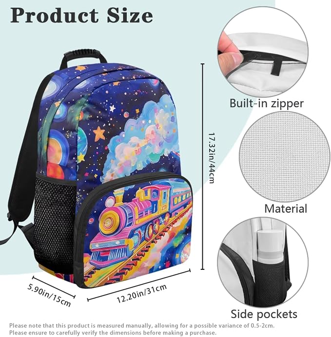 Rainbow Train Backpack Set for Girls, Cartoon Print School Backpack with Lunch Box, Pencil Case & Water Bottle Sleeve, 17 Inch Elementary Bookbag for Kids Ages 6-10