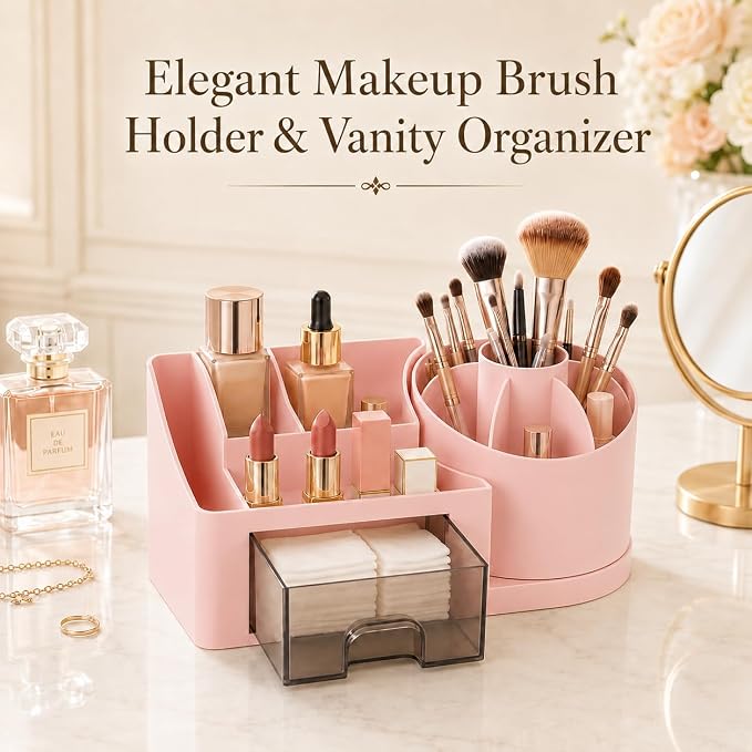 Qomamount Desk Organizer with Drawer,Office Supplies Organizer and Pen Holder for Desk,Modern Desktop Stationery Storage Box for Home Office,School,Study Room and Vanity(Pink)