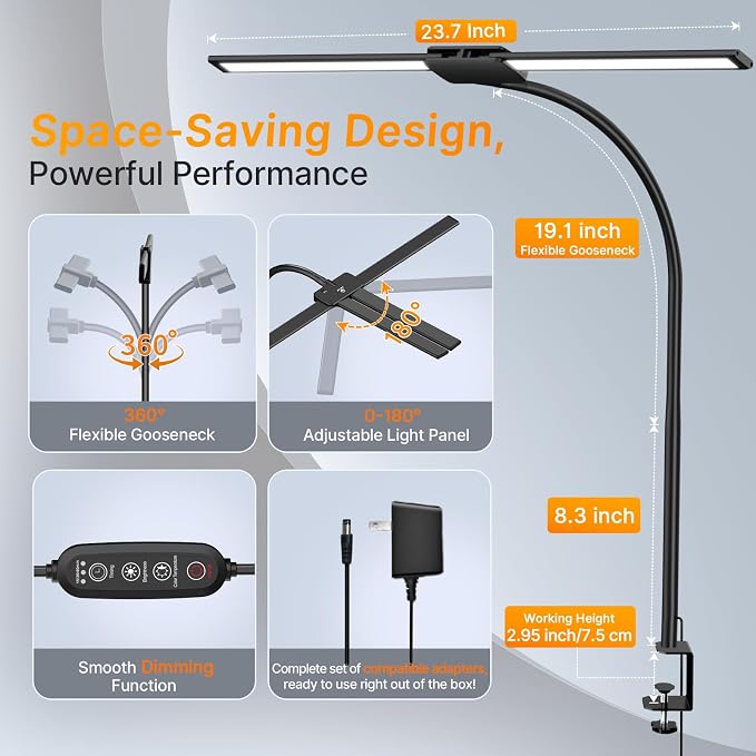 Syrinx LED Desk Lamp for Home Office, Architect Desk Lamp with Clamp, Gesture/Wired Control, Ultra Bright Gooseneck Desk Light, Memory & Timer, 50 Lighting Modes for Study, Reading, Crafting