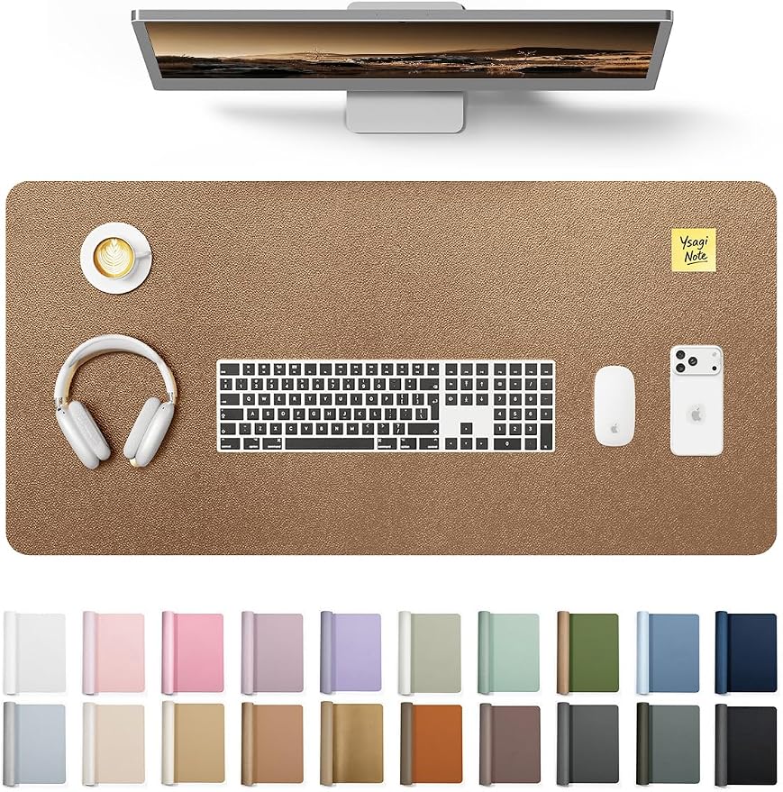 YSAGi Leather Desk Protector, Office Mat, Large Mouse Mat, Non-Slip PU Leather Blotter, Laptop Desk, Waterproof Writing Pad for Office and Home (Shiny Bronze, 35.4" x 17")