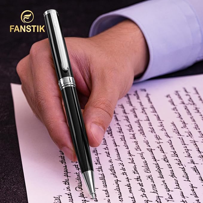FANSTIK Customized Black & Silver Luxury ballpoint pen, fancy gift set for women, Chrome Finish, Professional executive pen gift set for men (Lux Custom-BallPoint Black-Silver)
