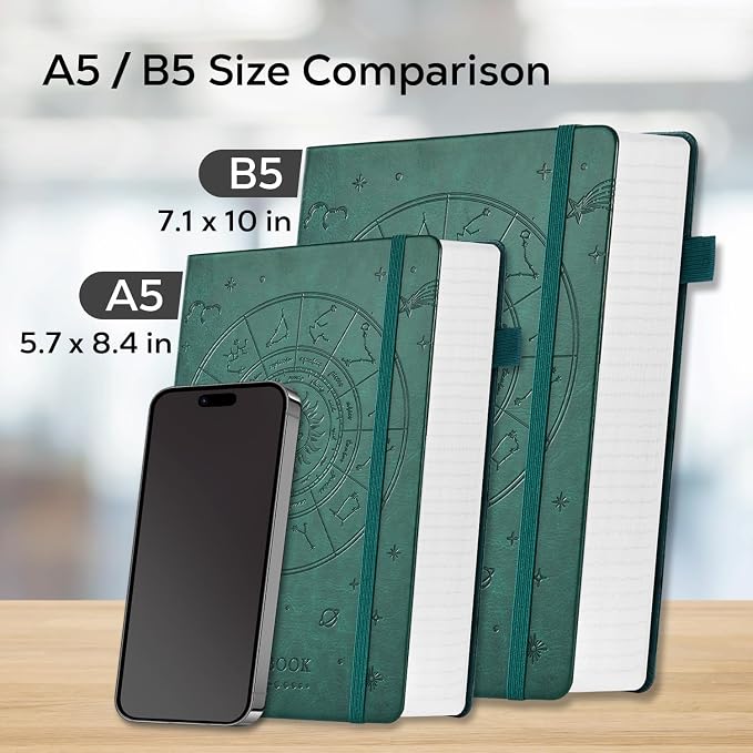 FOCUS DAY Hardcover Notebook Journal, B5 Lined Daily Journal College Ruled Notebook for Women Men, 320 Pages Large Writing Journal Notebook for School Work, Dark Green Leather Notebook, 7.1'' X 10''