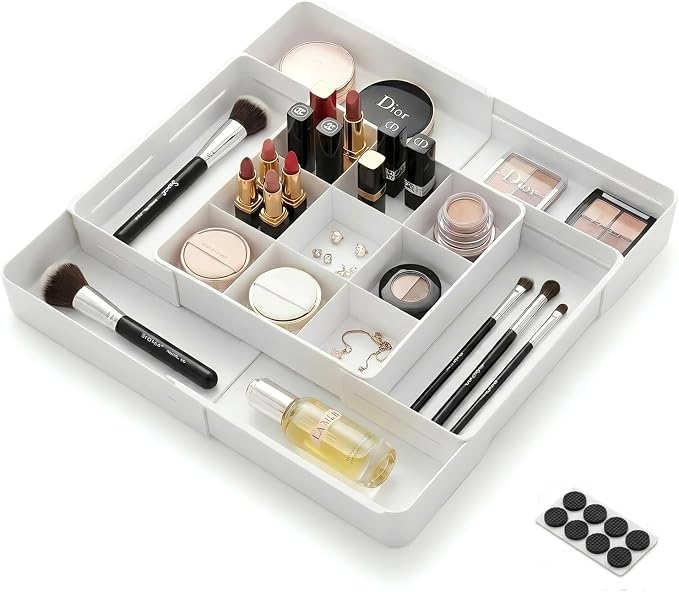4-Way Expandable Drawer Organizer, 2.2" Low Profile Tray, White | Up to 13 compartments with 6 adjustable dividers & anti-slip pads. Ideal desk tray for office stationery & makeup vanity.