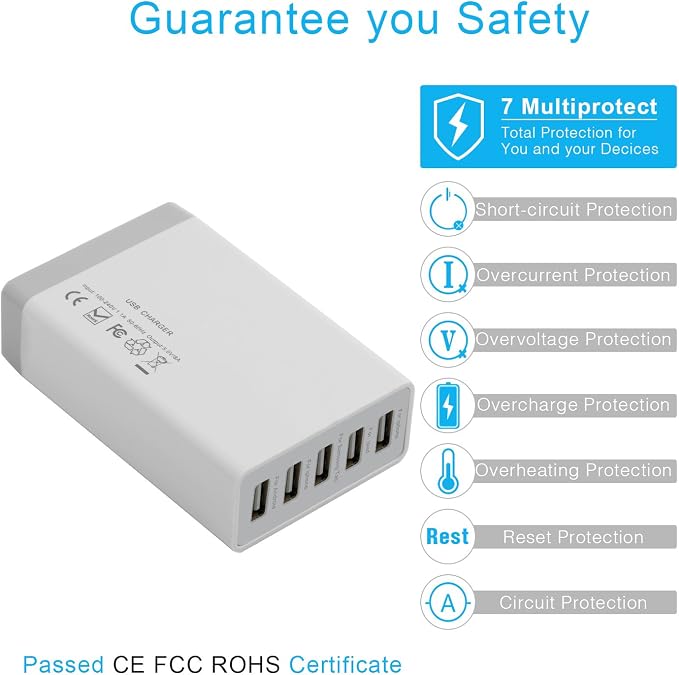 Desktop 5 Port USB Wall Charger 40W 8A, USB Hub Charging Station | Pezin & Hulin Protable Multi Port USB Charger for Multiple Devices, for Cell Phone, Tablet, Android Smart Phone and More