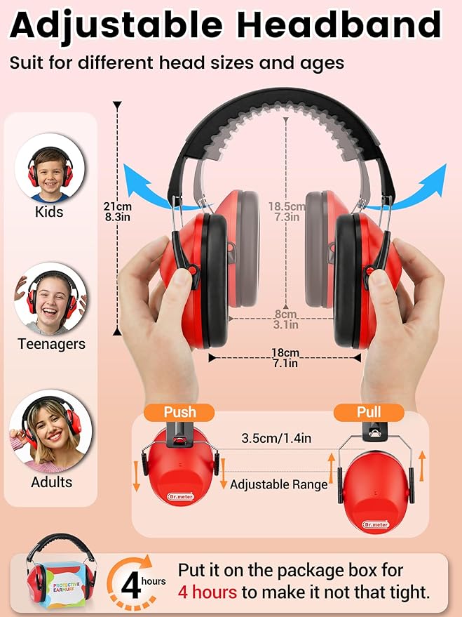 Dr.meter Ear Muffs for Noise Reduction: SNR27.4 Noise Cancelling Headphones for Kids with Adjustable Headband - Noise Cancelling Ear Muffs for Monster Jam, Football Game, Fireworks and Air Shows - Red