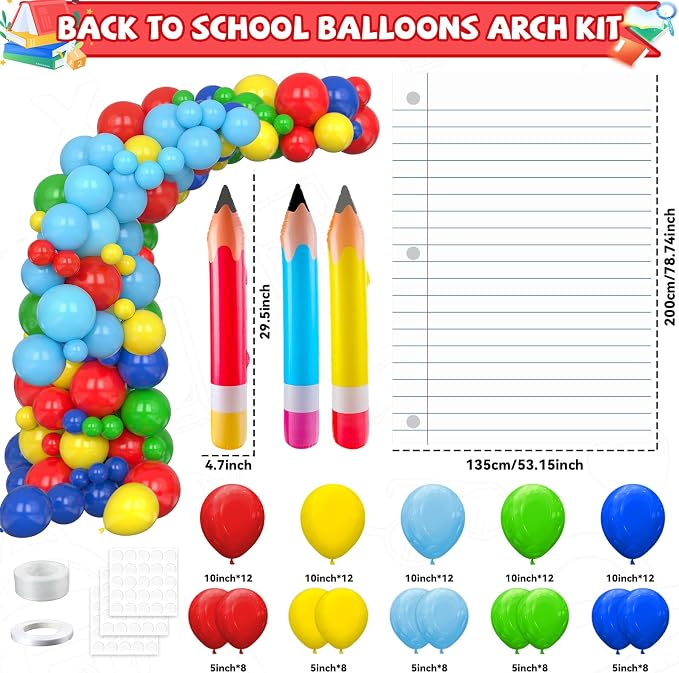 Welcome Back to School Party Decor Rainbow Balloons Arch Kit with Pencil Balloon Backdrop Giant Inflatable Pencil Notebook Photo Props for First Day of School Kindergarten Classroom Supplies(Colorful)
