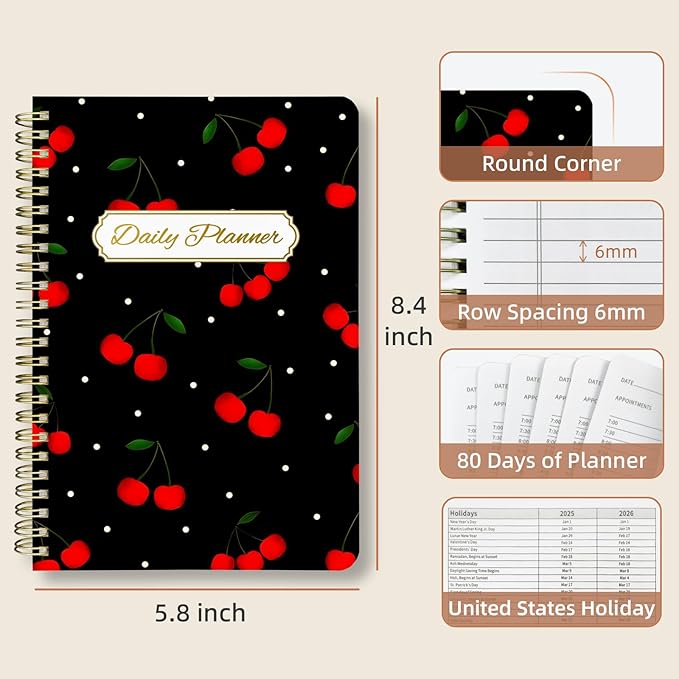 Undated Daily Planner - Spiral Notebook 80 Days One Day Per Page, Hourly Schedule, To-Do List, Notes, Everyday Planning Task, A5 Hardcover Journal Organizer Book Women Cute Aesthetic, Cherry