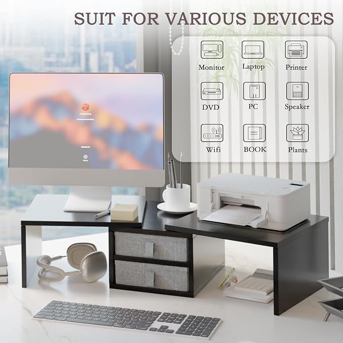 TEAMIX Dual Monitor Stand Riser with 2 Drawers-Length and Angle Adjustable 3 Shelf Monitor Riser with Storage Desk Organizer Large Computer Monitor Stand for 2 Monitors/Laptop/PC,Wood Screen/TV Stand