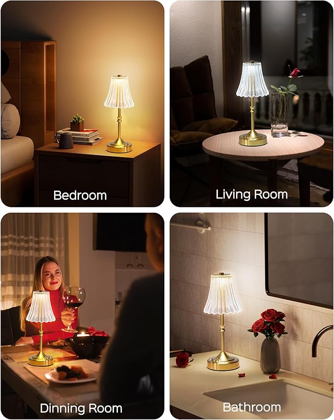 JACKYLED Vintage Cordless Table Lamp, Acrylic Crystal Flower Lamp Shade, 3 Colors Dimmable LED Golden Lamp, 5000Capactiy powerOperated Rechargeable Lamp for Kitchen Counter Home Decor